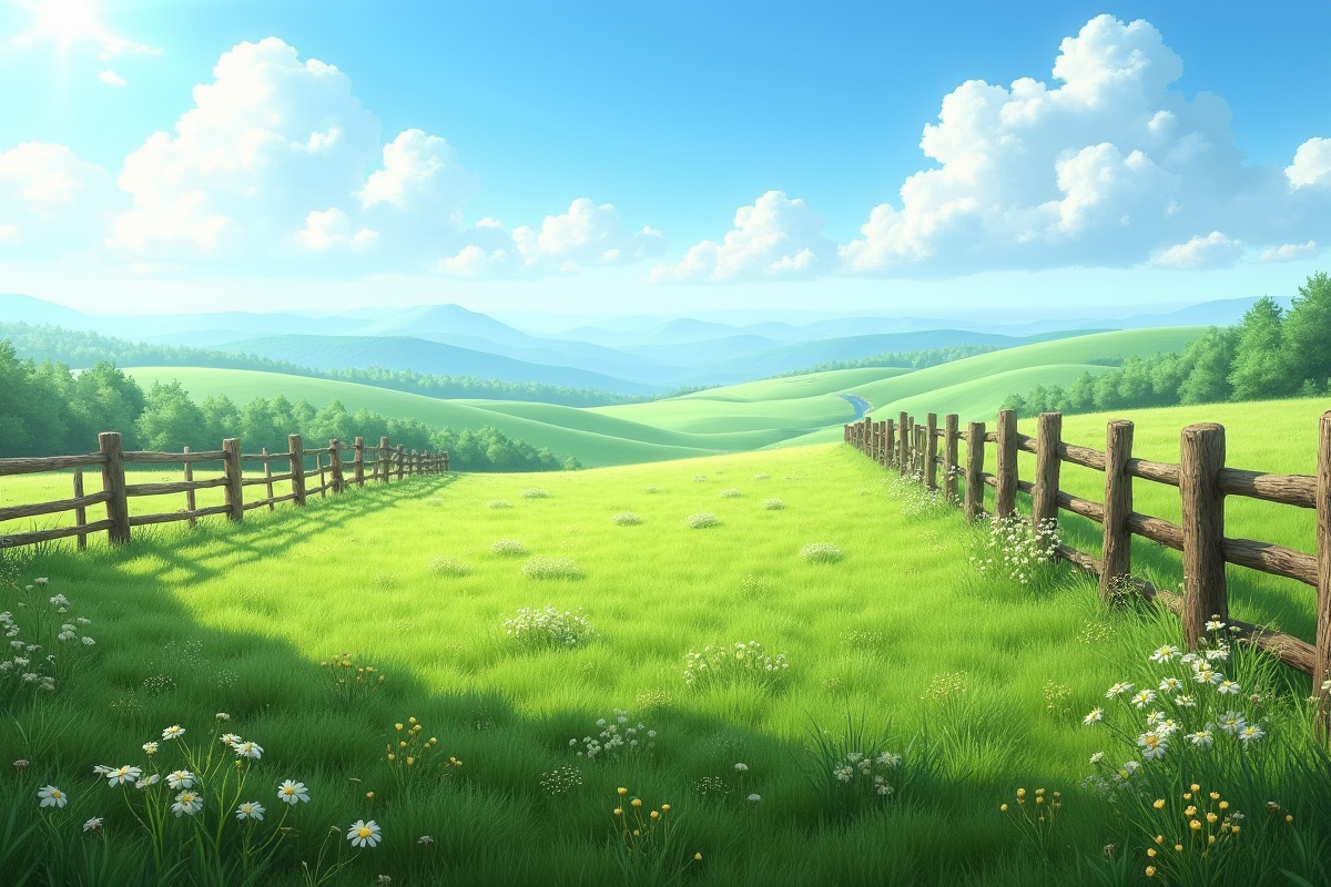 Champ vert avec clôture en bois et ciel bleu en arrière-plan