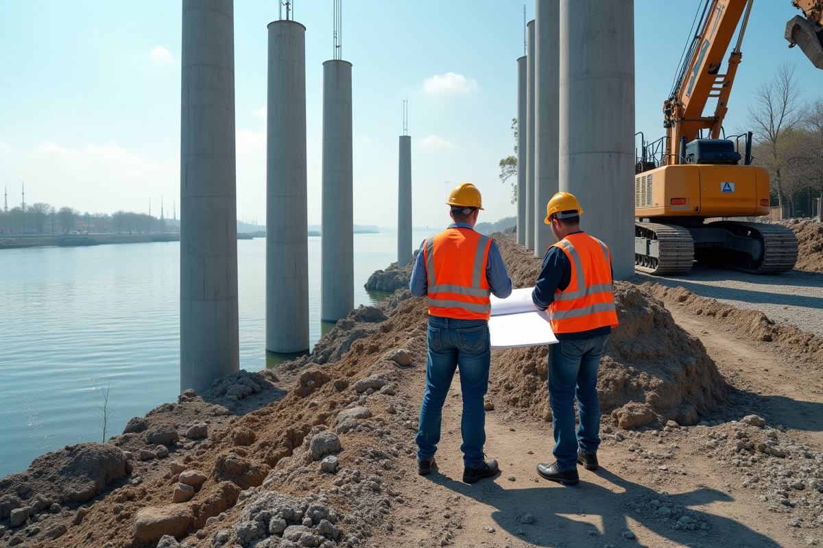 Chantier de construction au bord de la rivière avec des pieux en béton