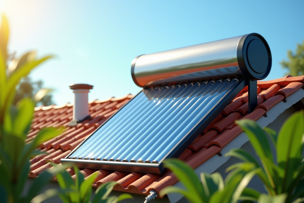 Chauffe-eau solaire DIY sur toit avec plantes vertes
