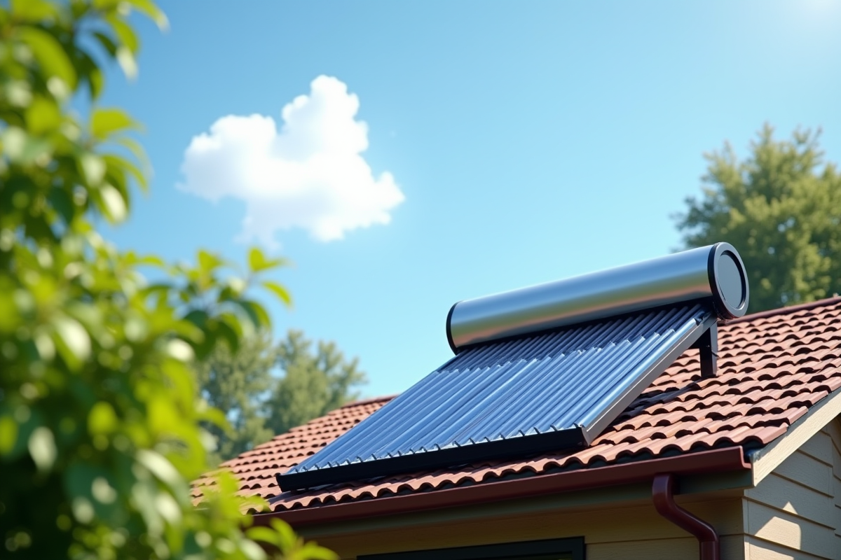 Chauffe-eau solaire moderne sur toit ensoleille avec ciel bleu