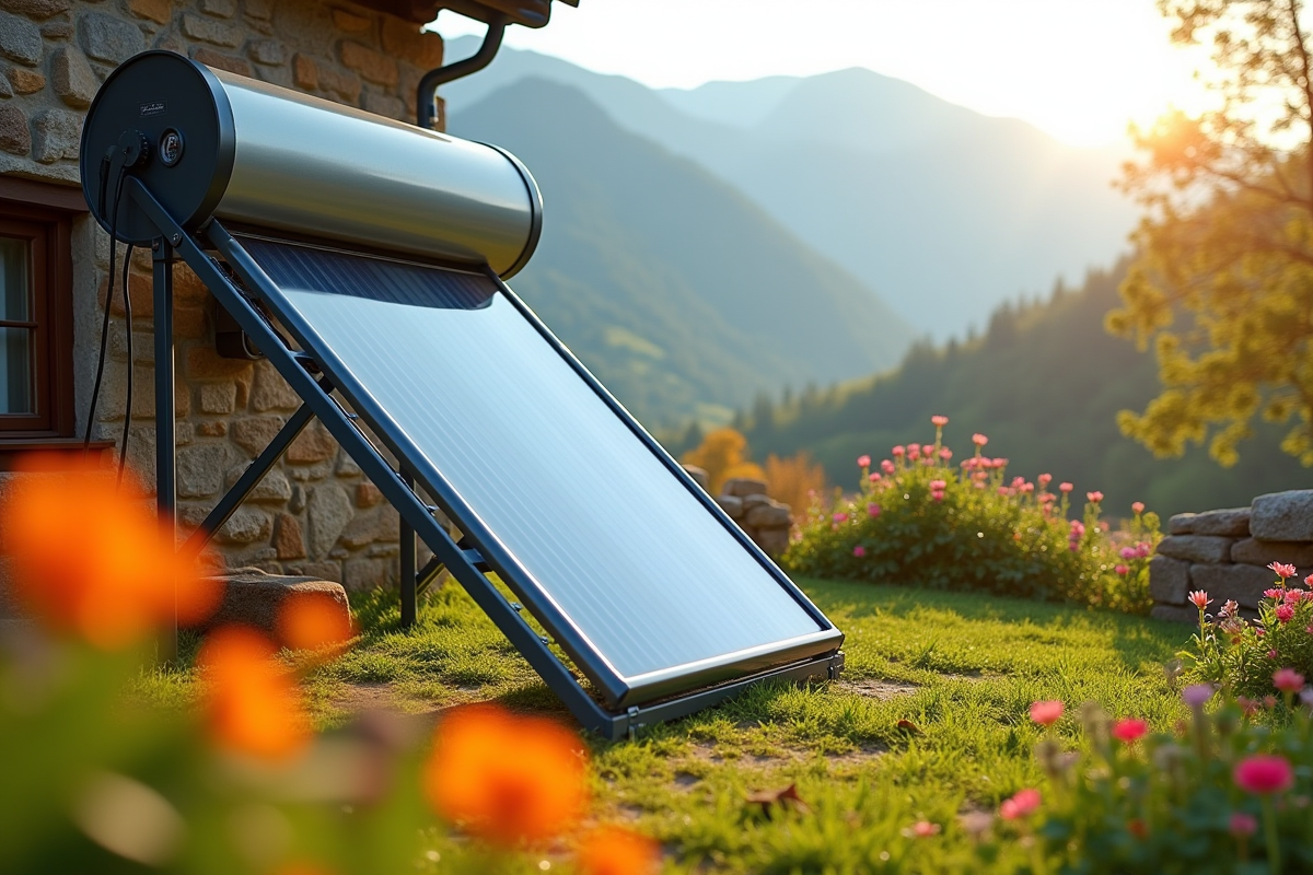 Chauffe-eau solaire dans un jardin rural avec maison en pierre