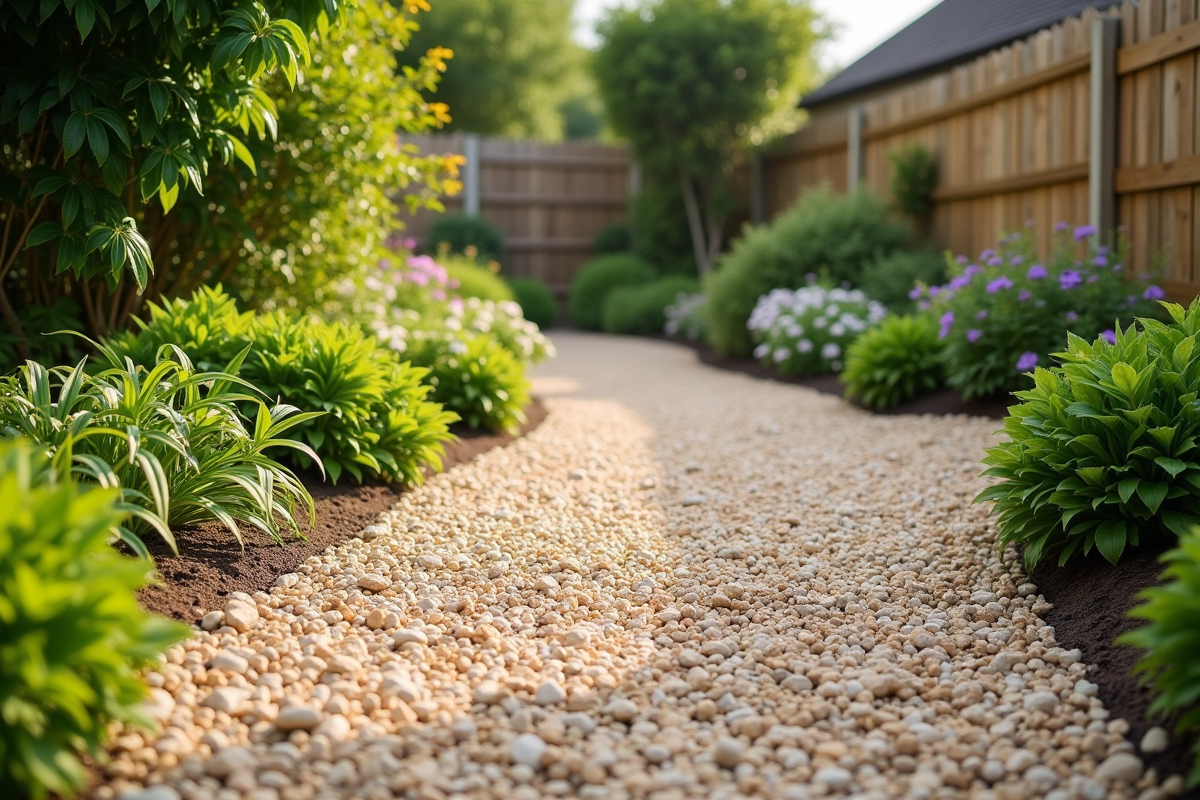 Chemin de jardin avec gravier clair et bordures vertes