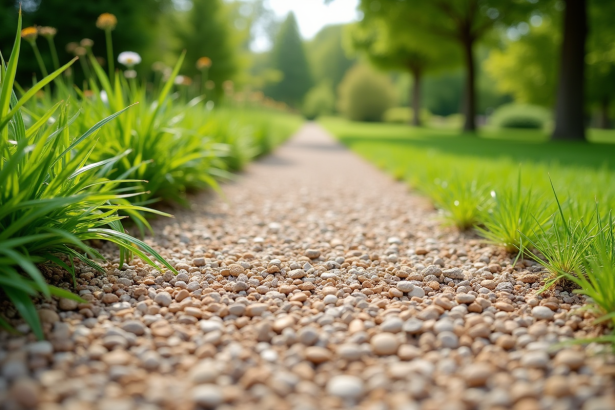 Chemin de jardin avec gravier frais et plantes vertes