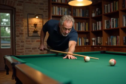 Homme adulte jouant au billard américain dans une salle de jeux à domicile avec une table de 9 pieds en feutre vert