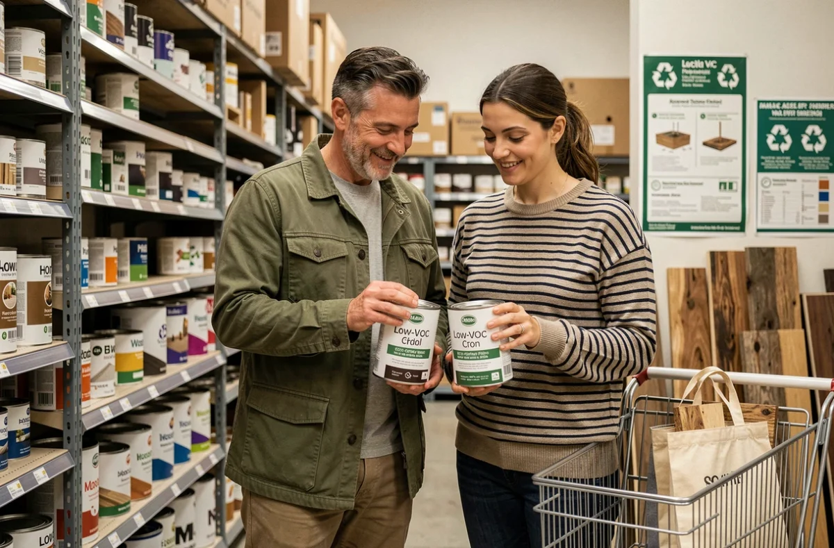 Couple comparant des produits de finition bois éco-certifiés en magasin pour un projet de rénovation durable