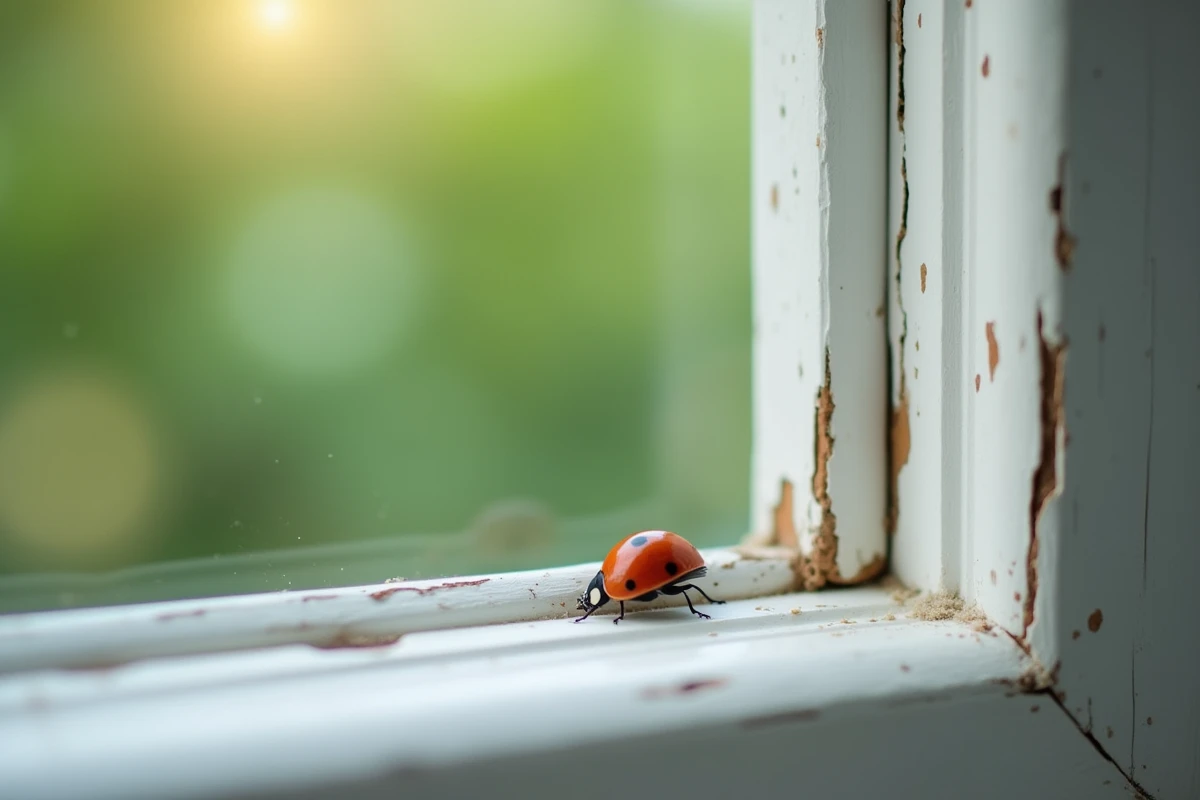 Coccinelle sur le rebord d'une fenêtre ouverte avec jardin en arrière-plan, présage et croyance populaire