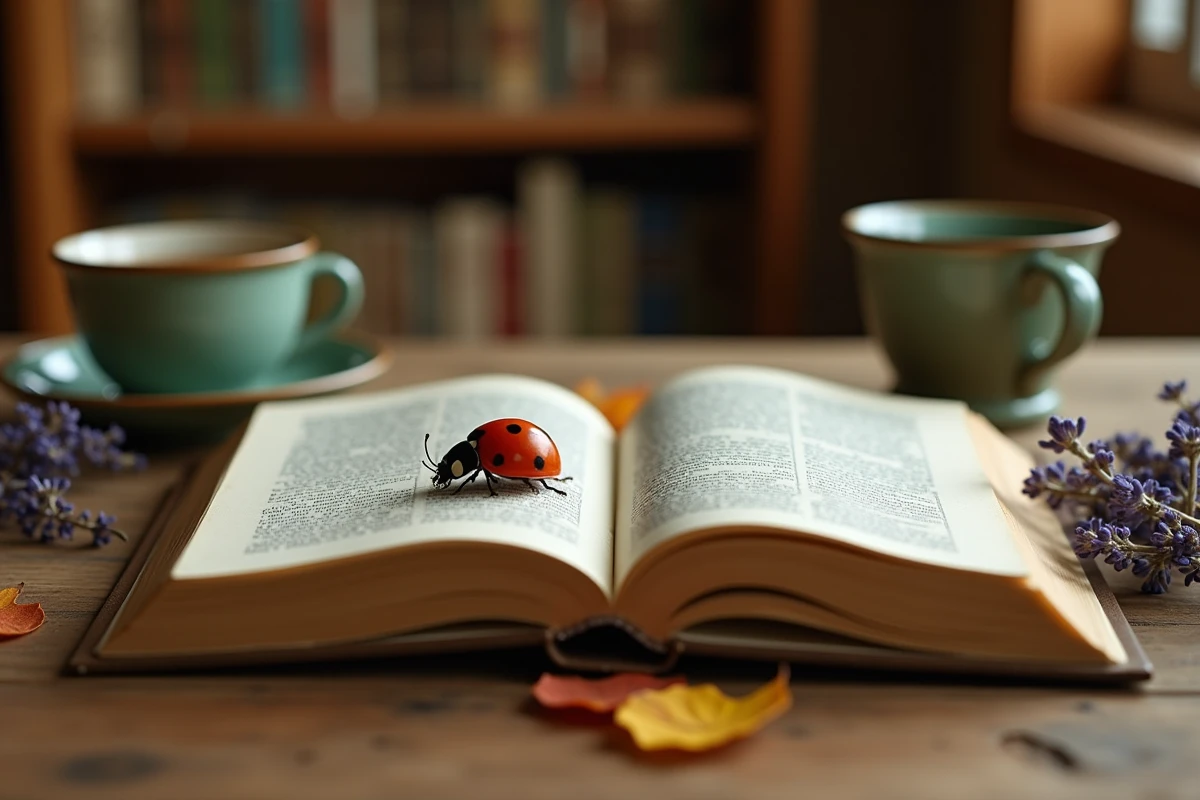 Coccinelle posée sur un livre ouvert sur une table en bois avec des herbes séchées, signification et superstition