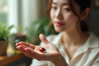Coccinelle rouge posée sur la paume d'une jeune femme près d'une fenêtre, symbole de chance et de vœu