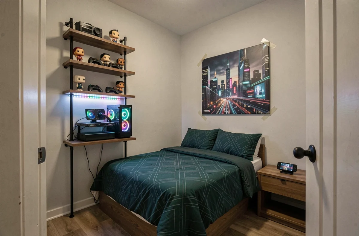 Coin chambre gaming décoré sans travaux avec étagères à tension, affiche cyberpunk adhésive et lit en literie géométrique teal dans petit espace
