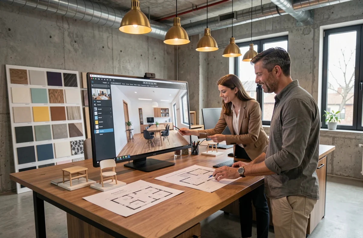 Deux designers de l'agence Compao collaborant autour d'un écran de visualisation 3D dans un bureau au style industriel moderne