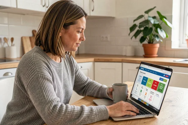 Femme comparant des prix d'assurance habitation en ligne sur un ordinateur portable dans une cuisine moderne