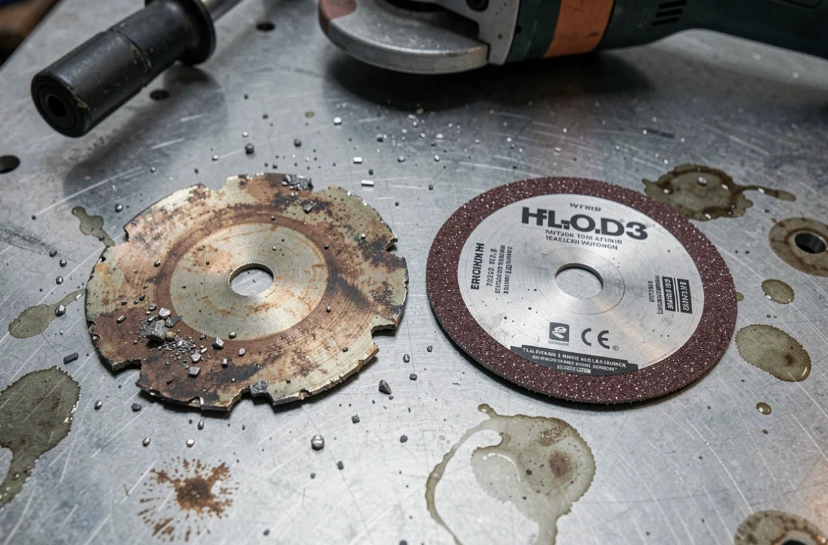 Comparaison entre un disque à tronçonner neuf et un disque usé posés sur un établi métallique en atelier de métallurgie