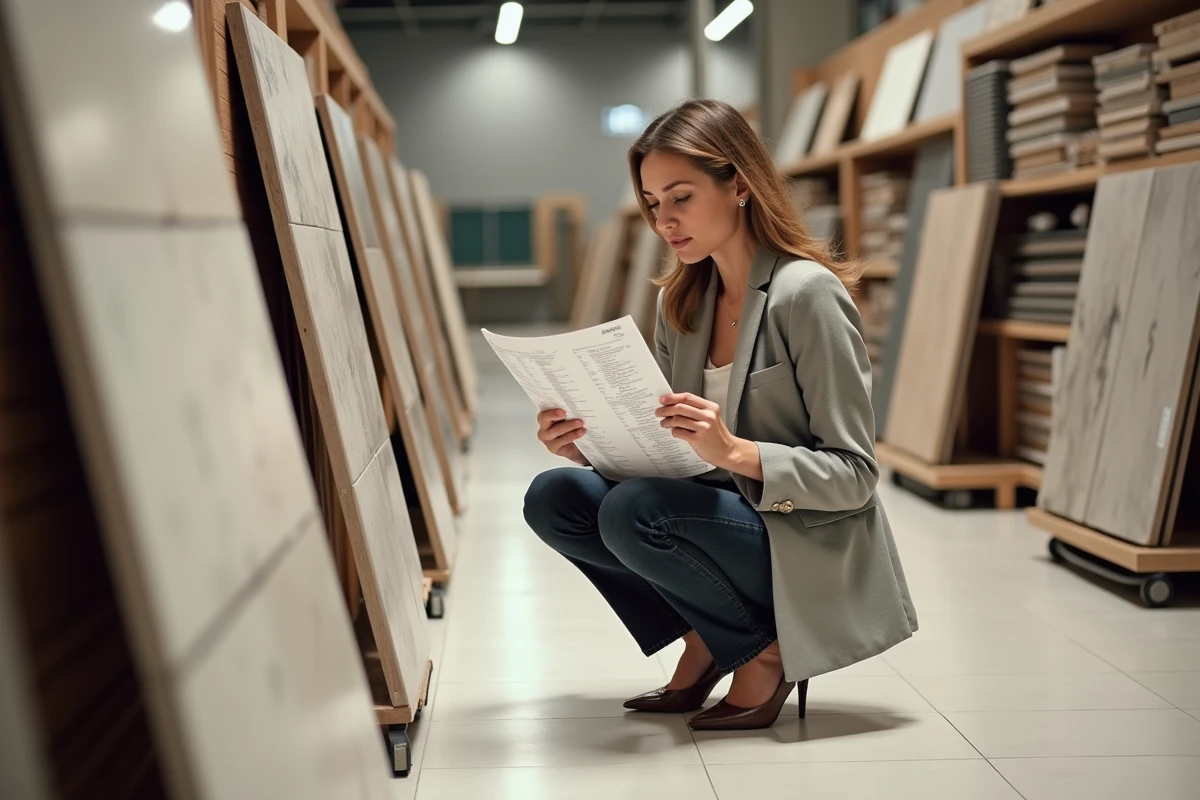 Architecte d'intérieur comparant des échantillons de carrelage et un devis de pose au m2 dans un showroom