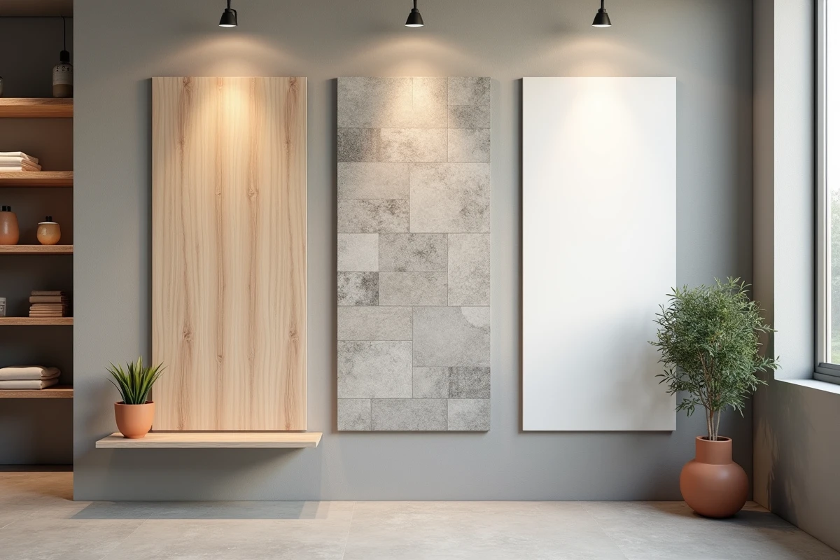 Comparaison de trois échantillons de dalles murales PVC pour salle de bain, effet bois, pierre et blanc brillant, sur un mur de présentation