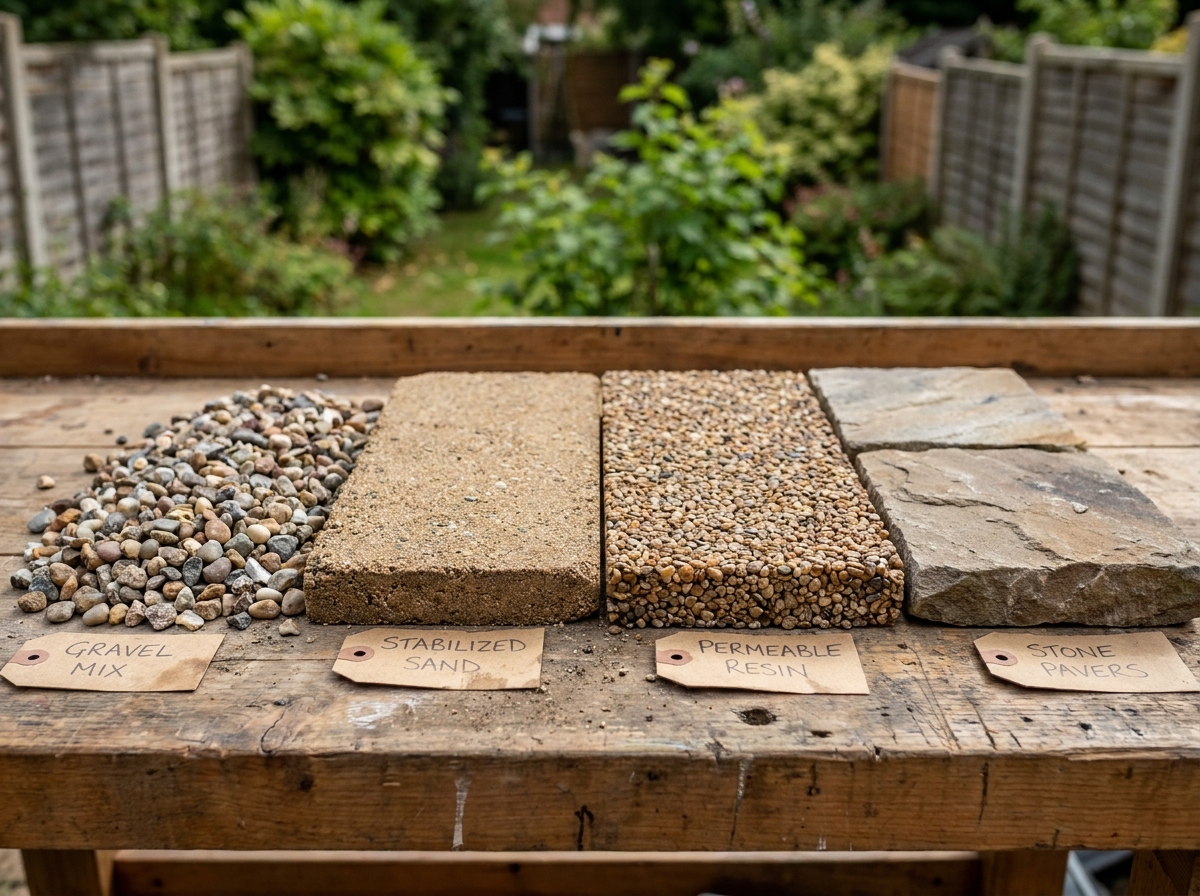 Comparaison de matériaux de sol pour allée de jardin : gravier, sable stabilisé, résine et pavés
