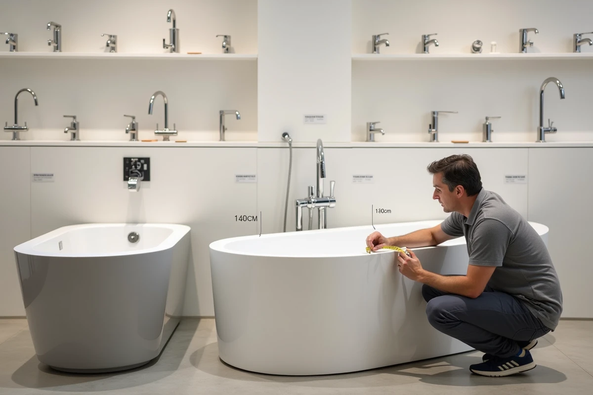 Comparaison de trois baignoires de tailles différentes dans un showroom avec étiquettes de dimensions, homme mesurant la profondeur d'une baignoire