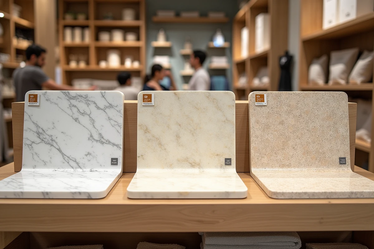 Trois tapis de bain en pierre de diatomite exposés sur une étagère en bois dans un magasin de décoration, comparaison qualité-prix
