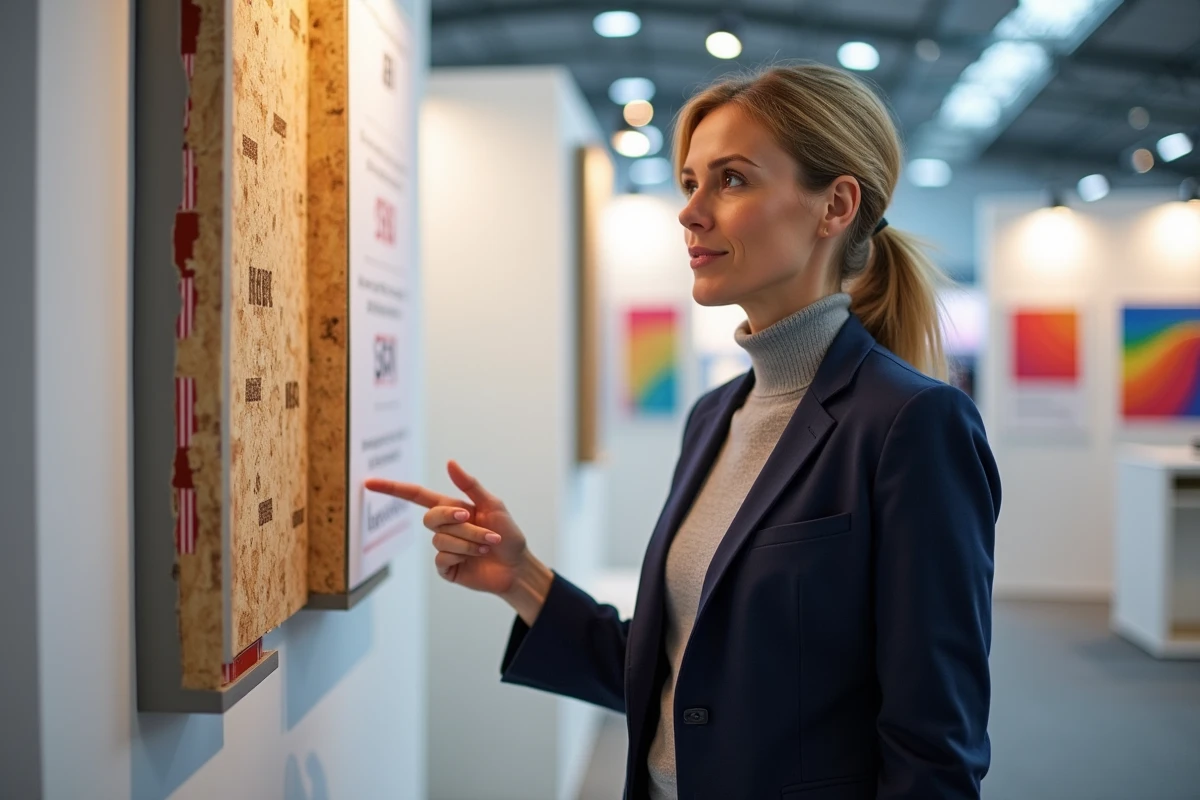 Consultante en performance thermique présentant une coupe de mur avec isolant fibre de bois dans un showroom