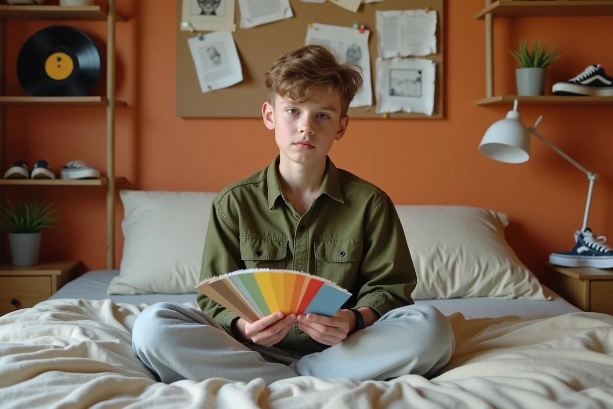 Jeune adolescent choisissant une couleur de peinture pour sa chambre garçon ado avec des échantillons teintes terracotta