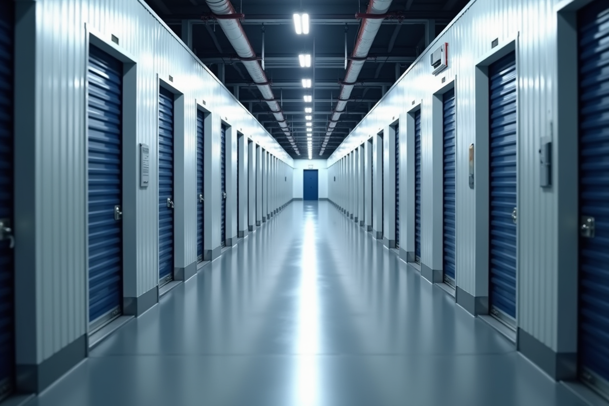 Couloir moderne avec portes de stockage sécurisé et éclairage brillant