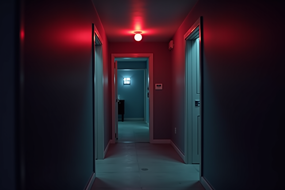 Couloir moderne avec alarme rouge et panneau de securite