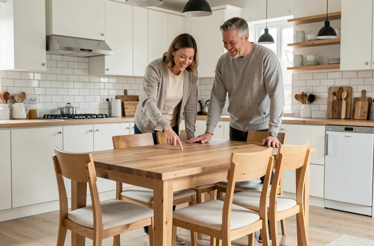 Couple admirant un ensemble table et chaises Sklum nouvellement monté dans une cuisine salle à manger moderne, expérience d'achat et avis