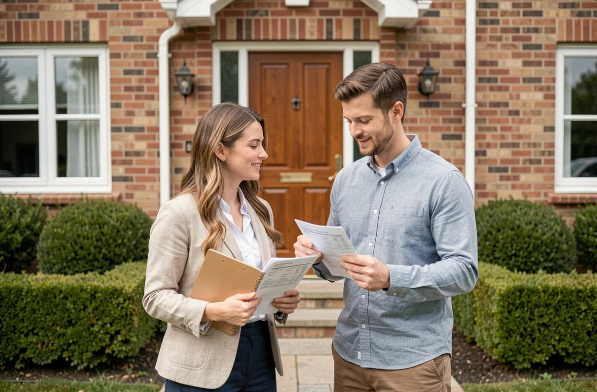 Couple propriétaire comparant des devis d'assurance habitation devant leur maison