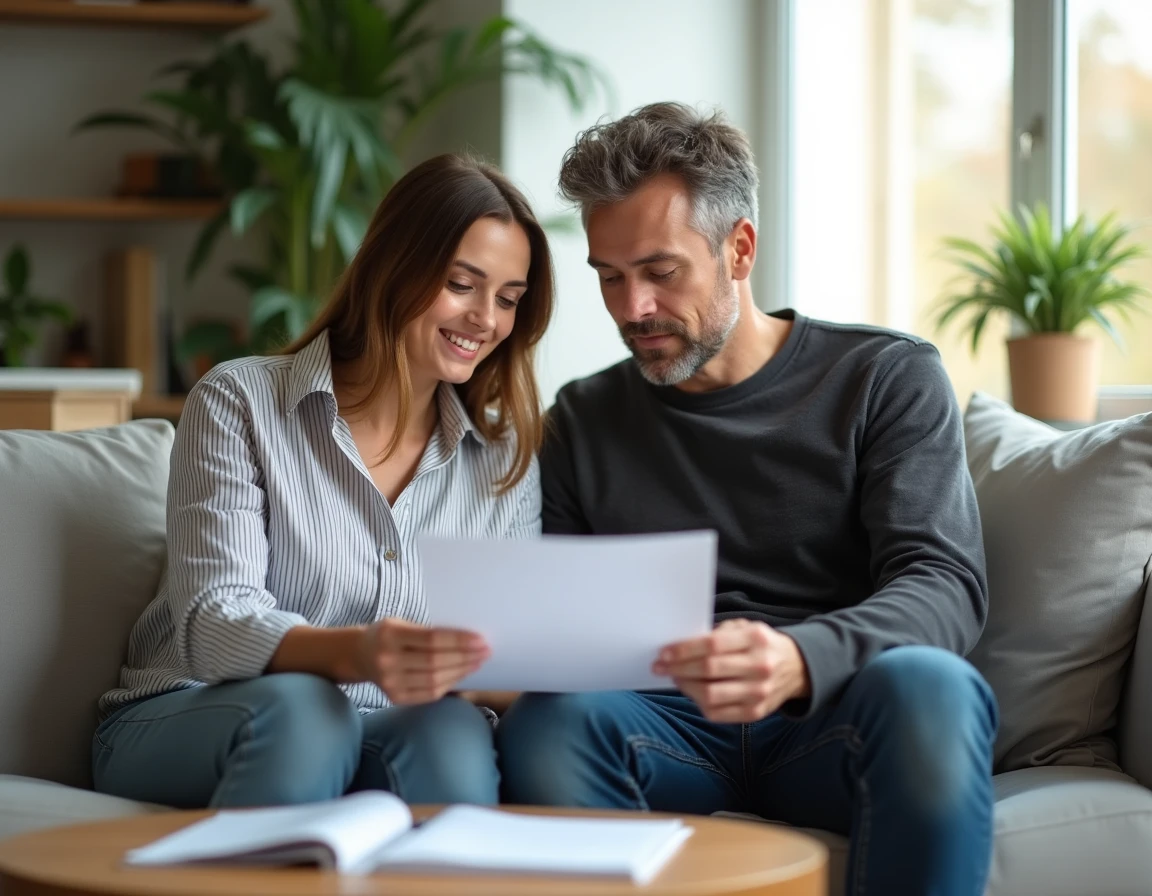 Couple examinant ensemble un devis d'assurance dans un salon lumineux, représentant la confiance et la simplicité offertes par Agorenovation.fr pour choisir son assurance