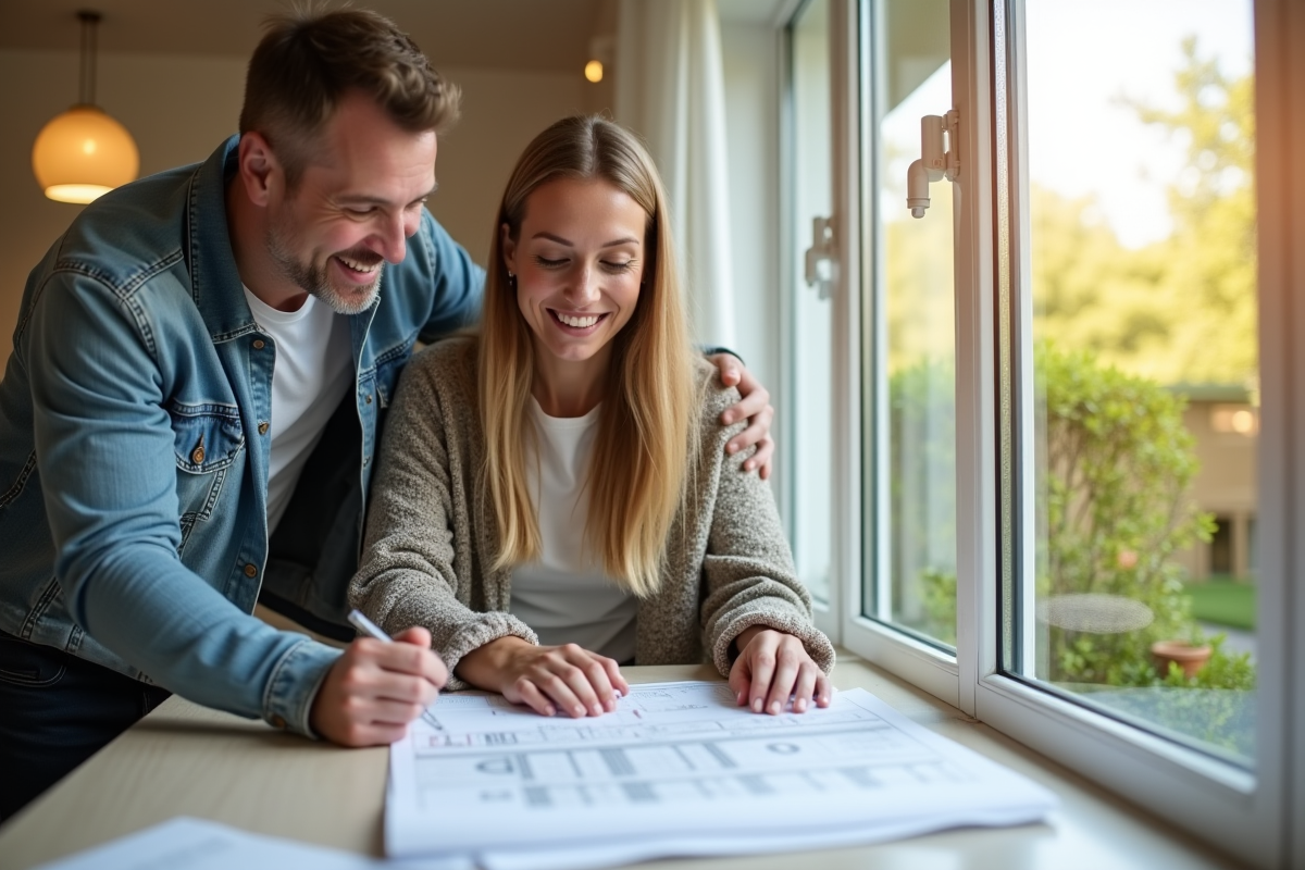 Couple heureux inspectant des vitrages modernes dans un salon lumineux