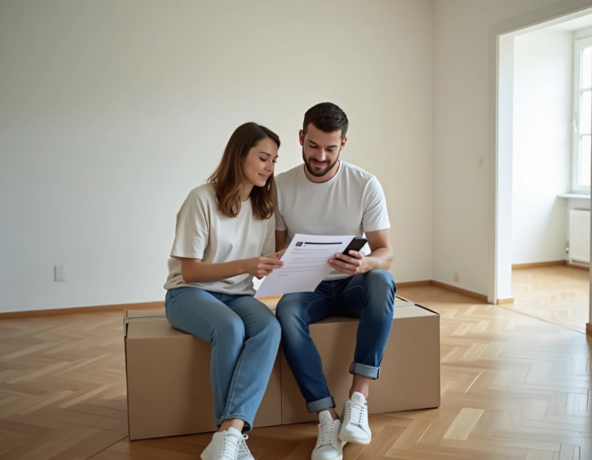 Couple consultant un formulaire de transfert EDF et un smartphone dans un appartement vide lors d'un déménagement