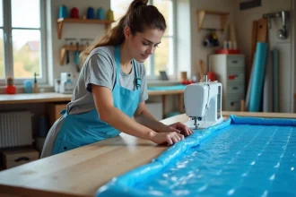 Femme cousant une couverture de piscine en atelier lumineux