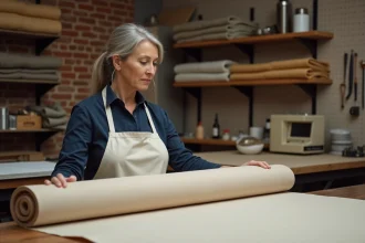 Couturière professionnelle déroulant un tissu coton enduit sur une table de coupe dans un atelier de confection organisé