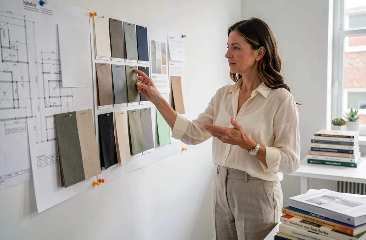 Décoratrice d'intérieur de l'agence Créateurs d'Intérieurs étudiant des échantillons de matériaux dans son studio de design