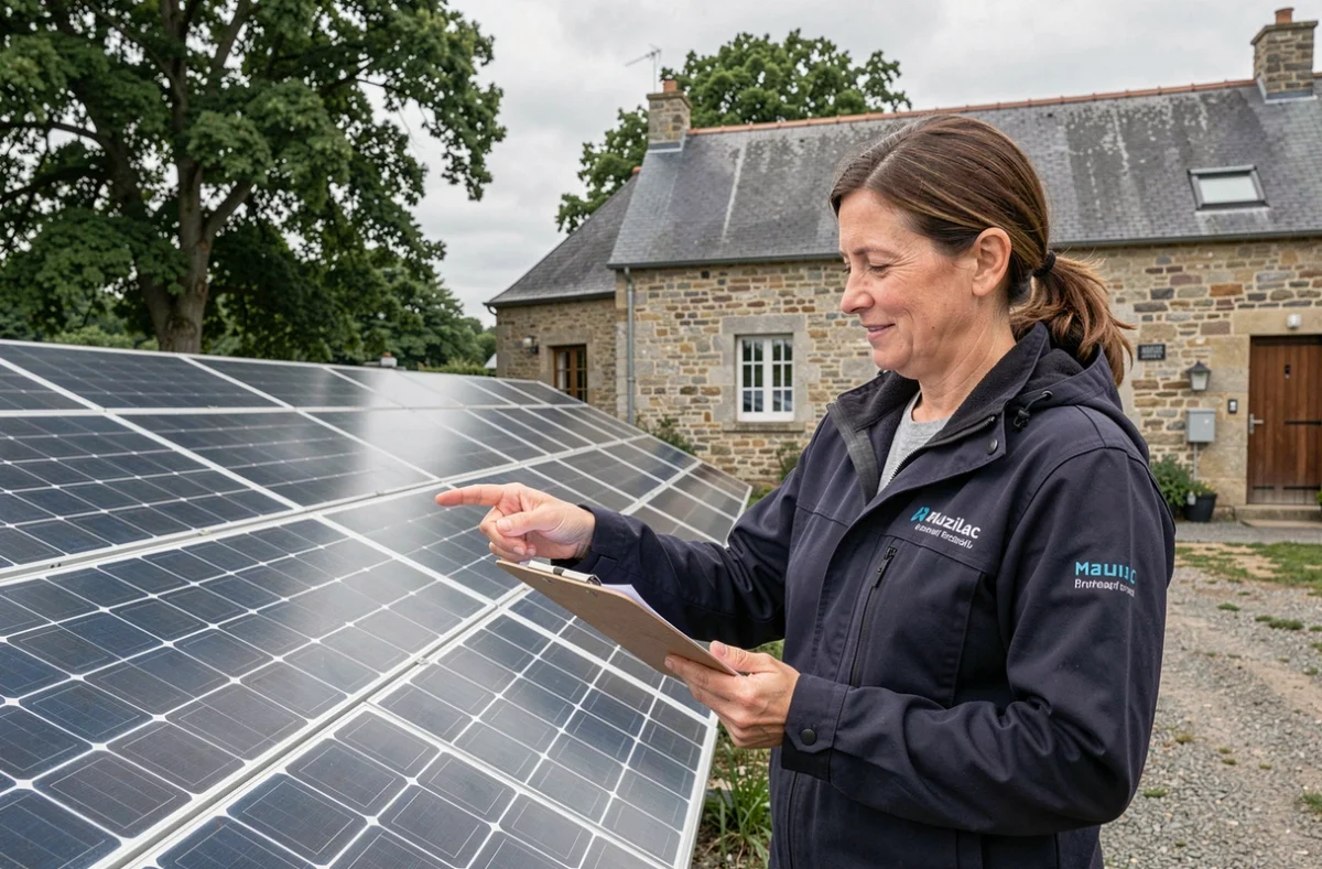Professionnelle de Créno Énergies Renouvelables Muzillac en consultation devant une installation solaire photovoltaïque au sol en Bretagne
