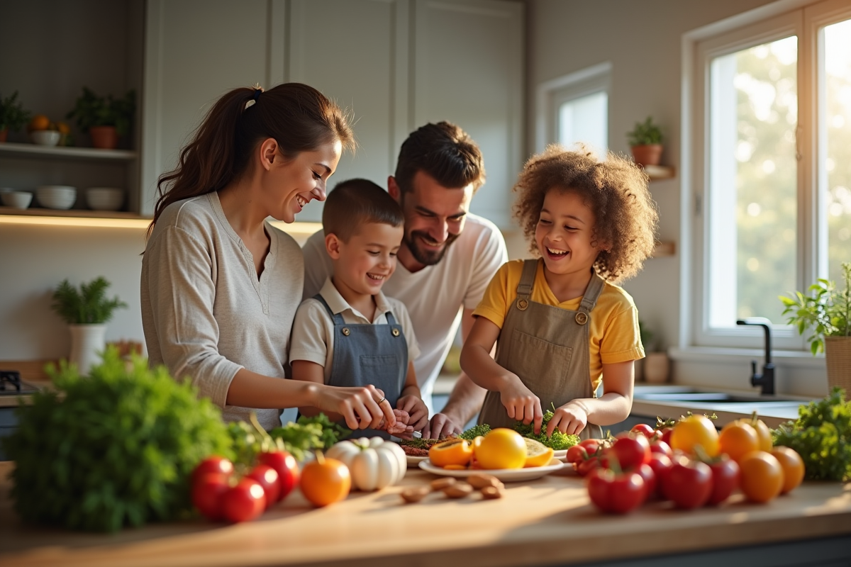 Famille préparant un repas dans une cuisine ensoleillée