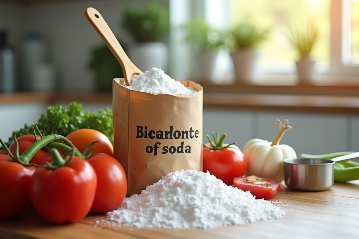 Cuillère en bois avec bicarbonate et légumes frais