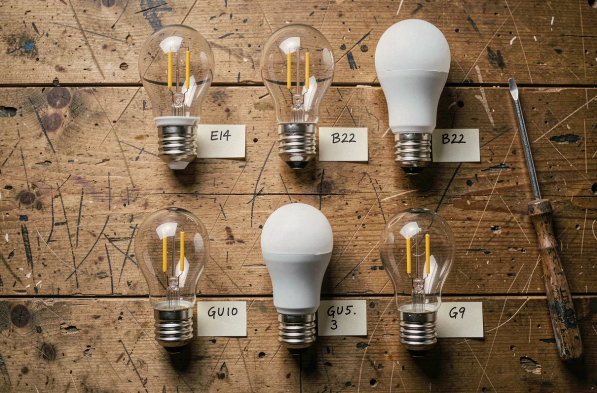 Présentation à plat de différents culots d'ampoules LED et halogènes sur un établi en bois, comparatif des types E14 E27 B22 GU10
