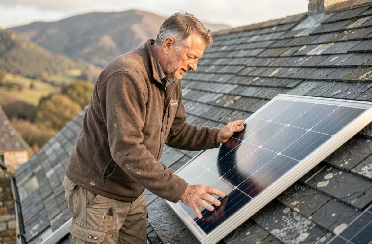 Installateur RGE Dafniet Patrice Plounévez-Moëdec inspectant un panneau solaire sur une ferme traditionnelle en centre Bretagne