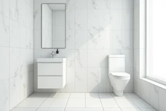 Petite salle de bain avec dalles murales PVC blanc effet marbre installées du sol au plafond pour agrandir visuellement l'espace