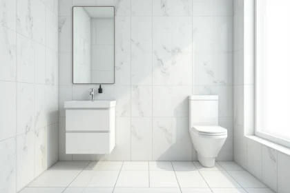 Petite salle de bain avec dalles murales PVC blanc effet marbre installées du sol au plafond pour agrandir visuellement l'espace