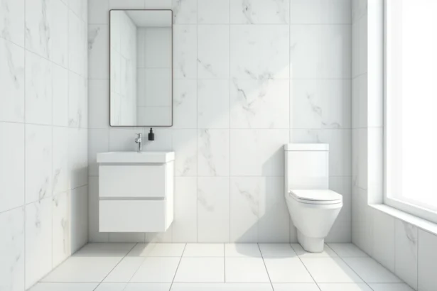 Petite salle de bain avec dalles murales PVC blanc effet marbre installées du sol au plafond pour agrandir visuellement l'espace