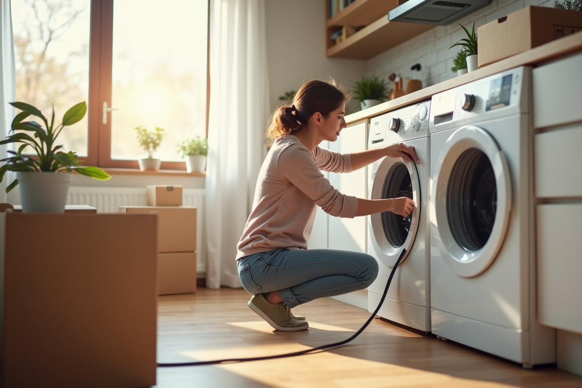 Personne débranchant un lave-linge dans une cuisine lumineuse