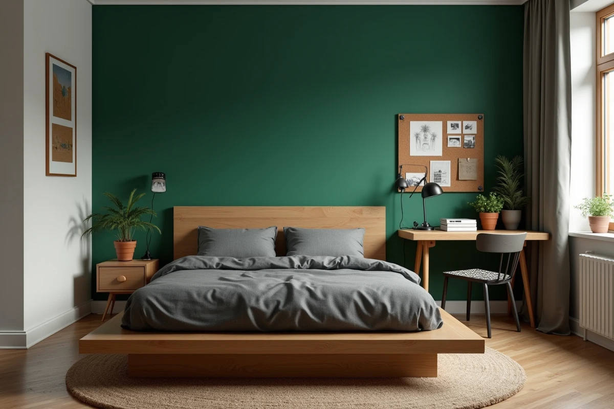 Chambre garçon ado décorée avec un mur vert forêt et une literie en lin charbon pour un style moderne sans travaux
