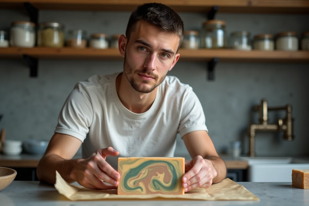 Jeune homme d&eacute;moulant un savon marbr&eacute; dans un atelier moderne