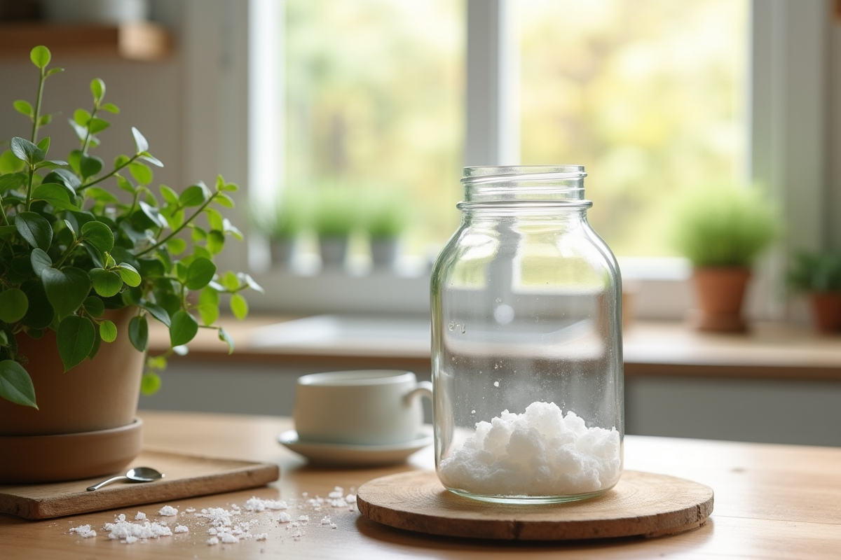 Déshumidificateur maison naturel sur table en bois dans une cuisine lumineuse