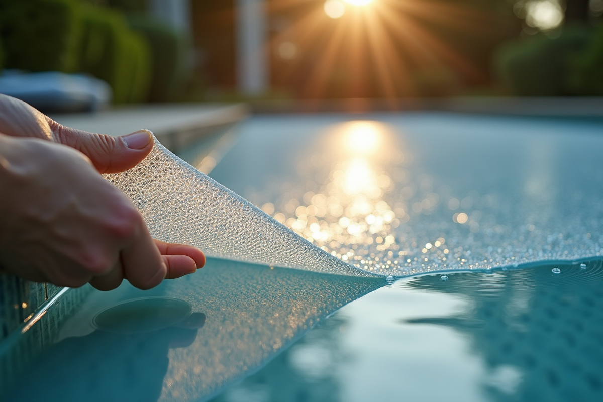 Main tenant une couverture de piscine en mesh avec eau passant à travers