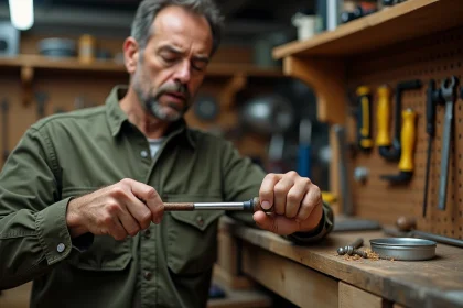 Homme en atelier essayant de dévisser une vis rouillée bloquée dans une étagère en bois avec un tournevis plat