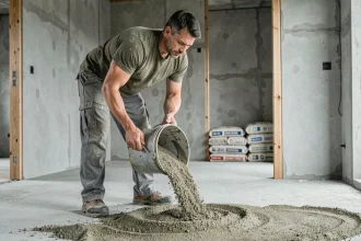 Ouvrier dosant un mélange de sable et ciment pour réaliser une chape maigre sur un sol en béton brut