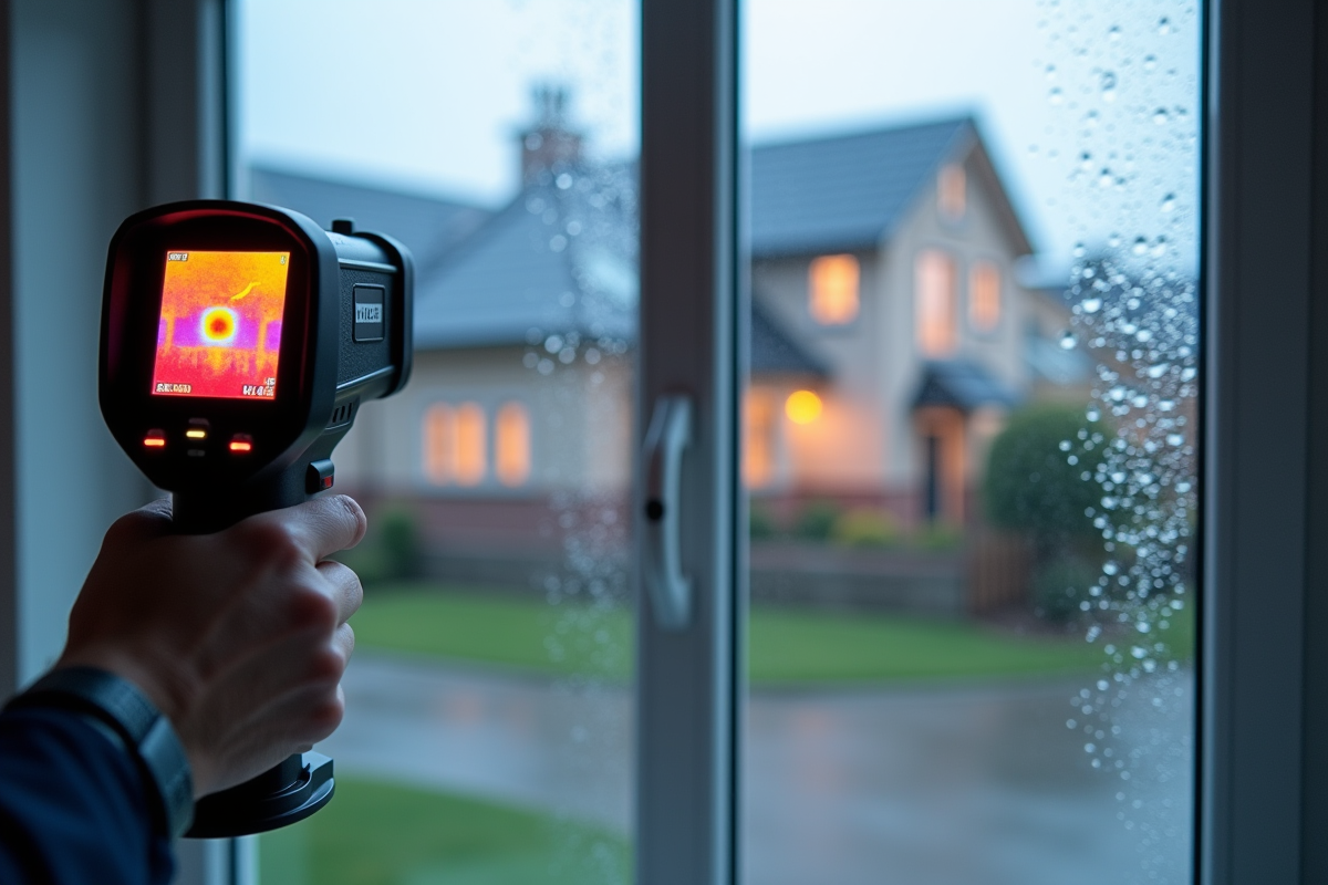 Zoom sur une fenêtre double vitrage avec caméra thermique montrant les différences de température