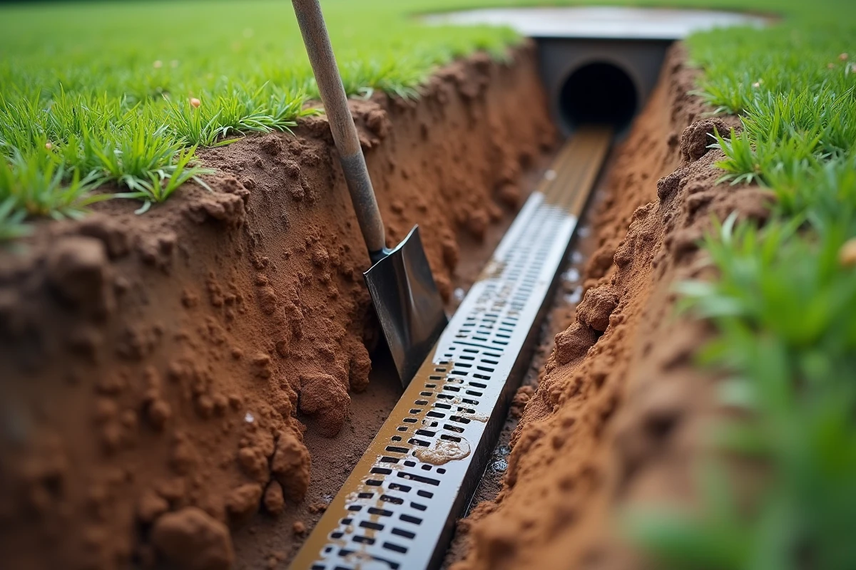 Drain français bouché avec tuyau perforé dans argile compactée sans gravier, erreur de drainage fréquente